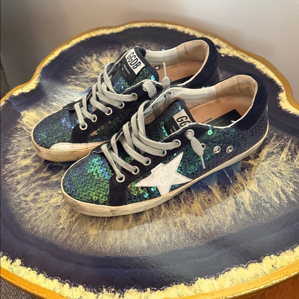 Authentic Golden Goose Blue and Green Sequin Sneakers with White Star